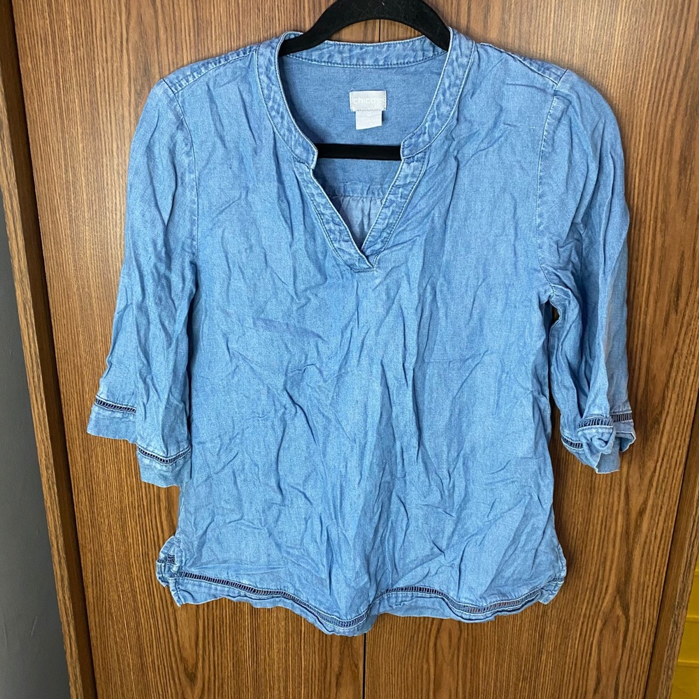 Chico's Tunic Blouse Womens 4 Blue‎ Tencel Linen Blend 3/4 Sleeve Ladder Stitch